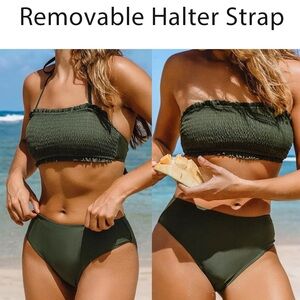 Olive Green Smocked Merrow Edge Bandeau & Mid-Rise Bottoms (M) NWT